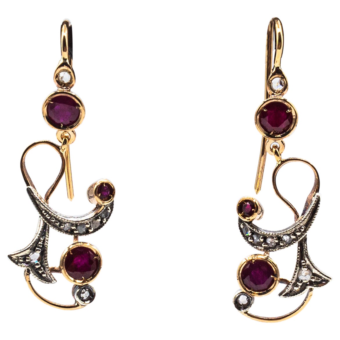 Art Deco Style White Rose Cut Diamond Ruby Yellow Gold Drop Earrings