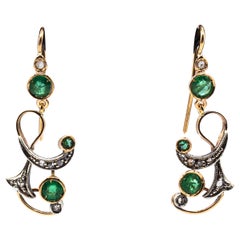 Retro Art Deco Style White Rose Cut Diamond Emerald Yellow Gold Drop Earrings