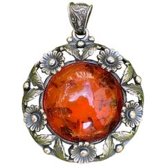 Vintage N.E. From Signed Sterling Silver Pendant Amber Cabochon Danish Silver Jewellery 