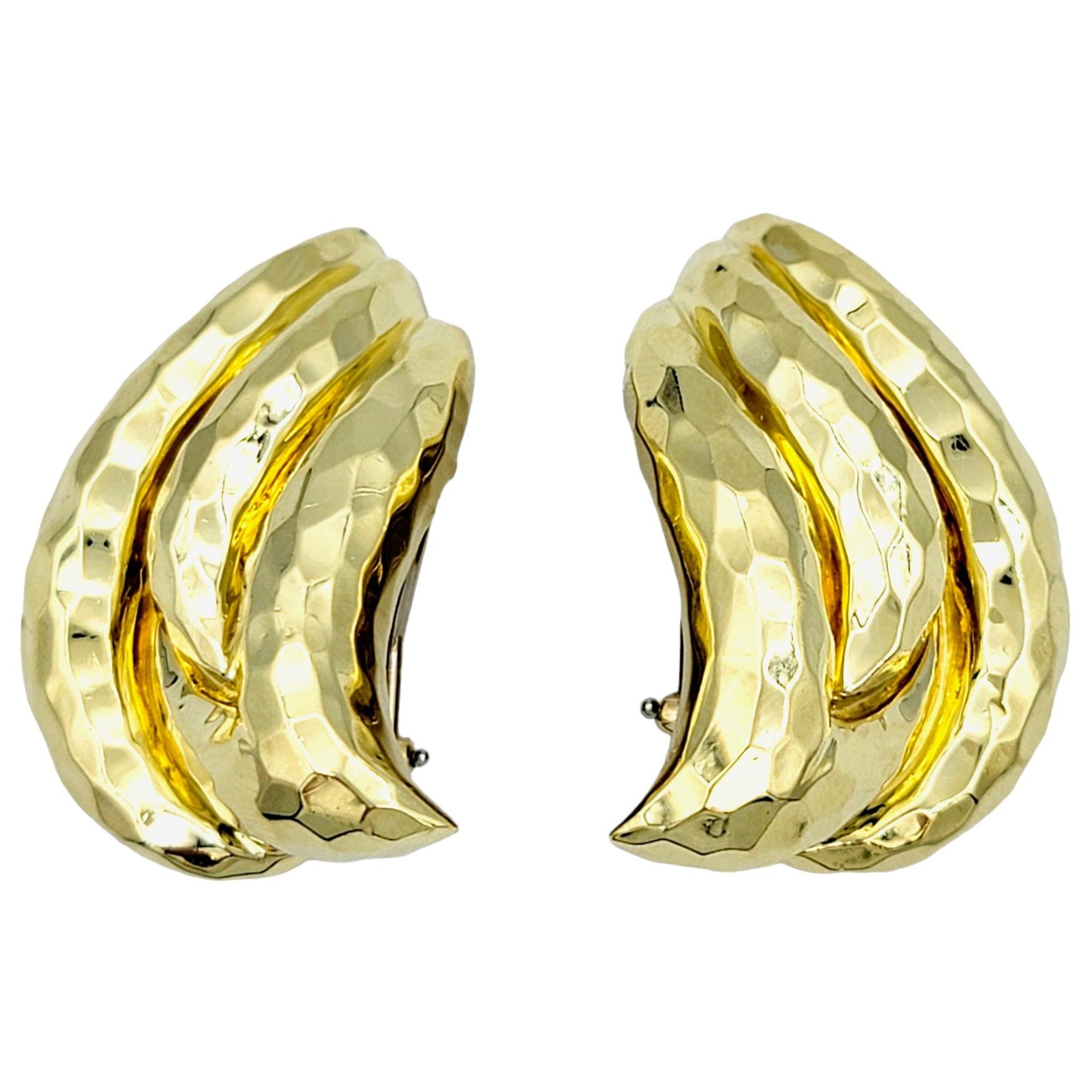 Henry Dunay Hammered Finish Large Clip-on Earrings Set in 18 Karat Yellow Gold For Sale