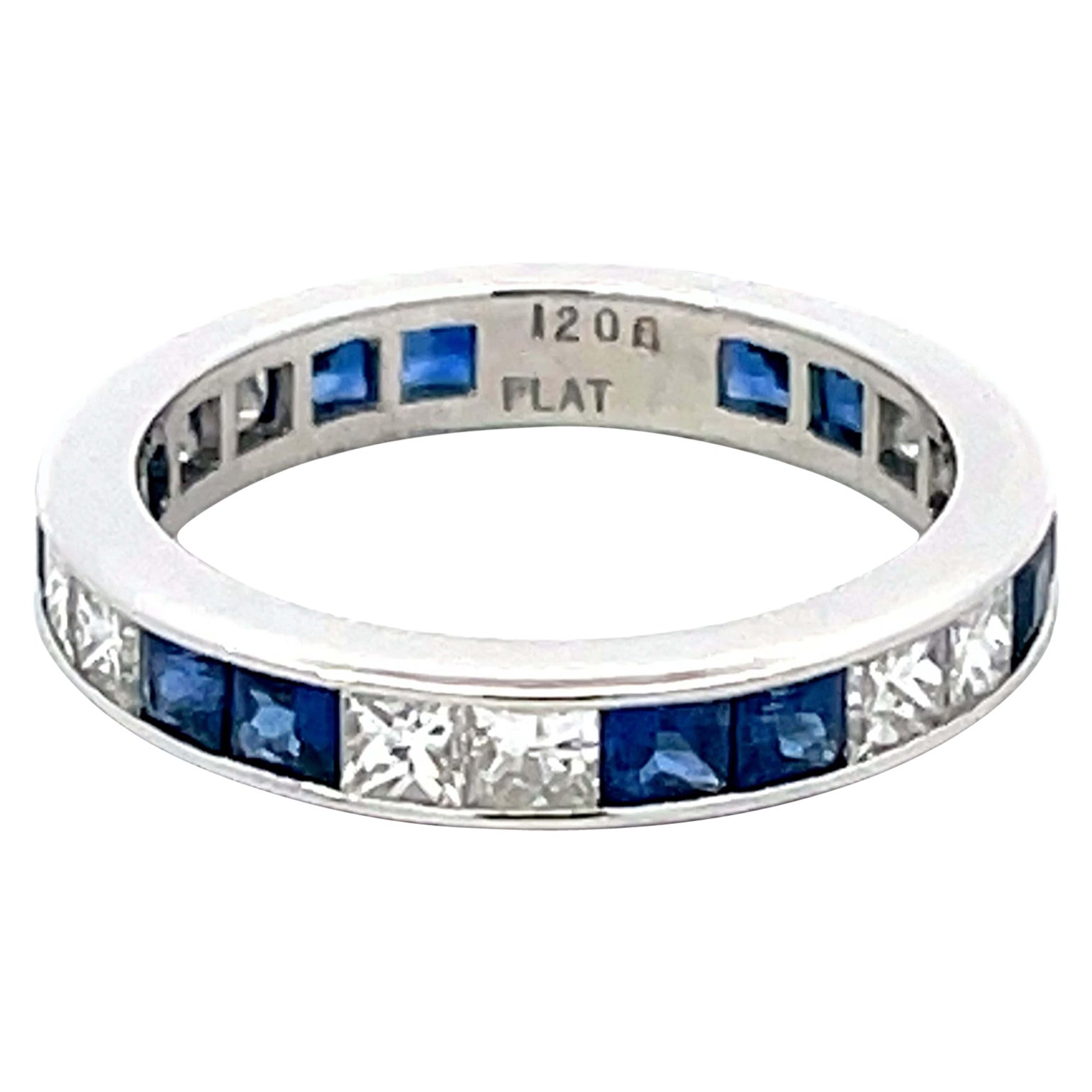 Princess Cut Diamond and Sapphire Platinum Band Ring For Sale