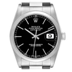 Rolex Datejust 36mm Black Dial Smooth Bezel Steel Mens Watch 16200 Box Papers
