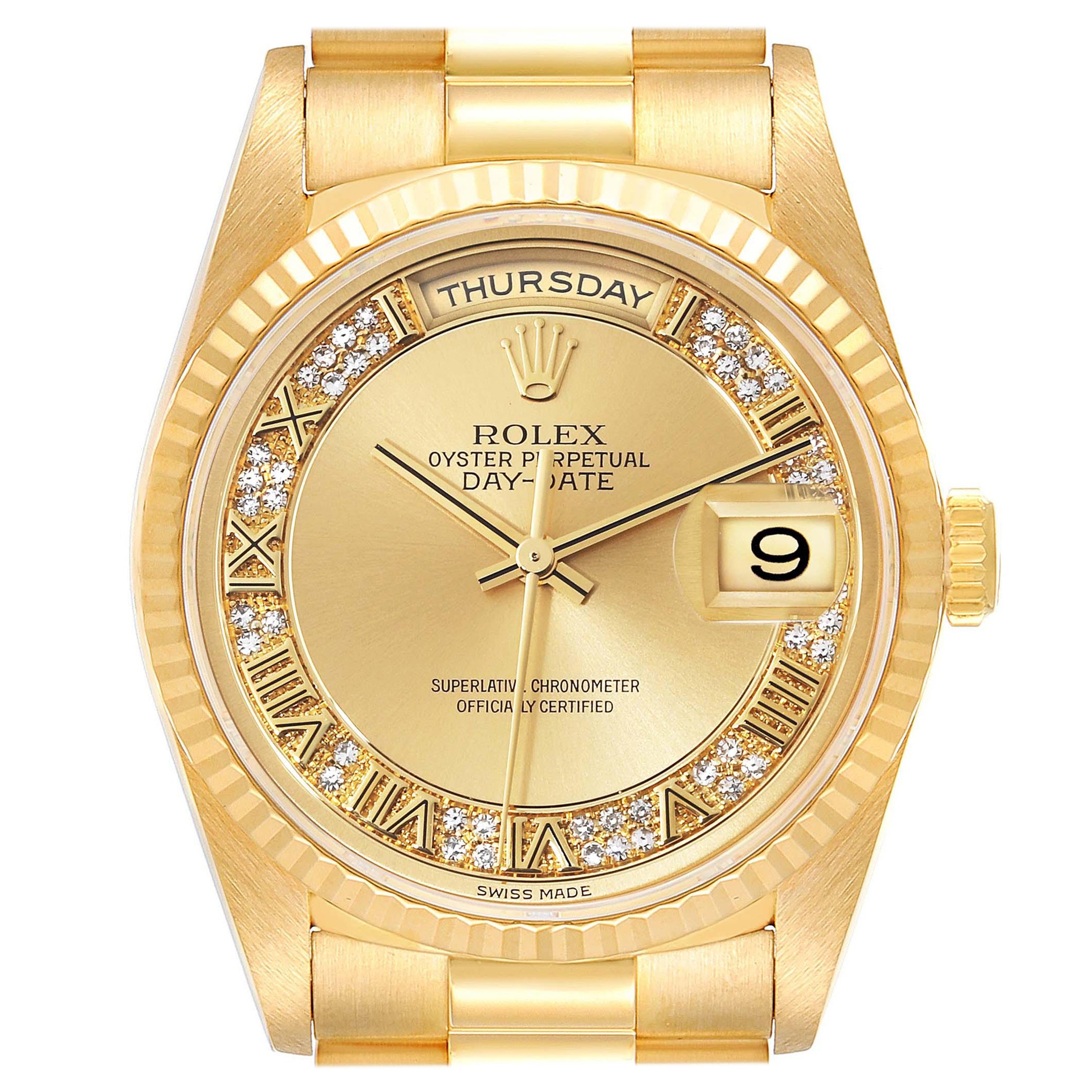 Rolex President Day-Date Yellow Gold Myriad Diamond Mens Watch 18238