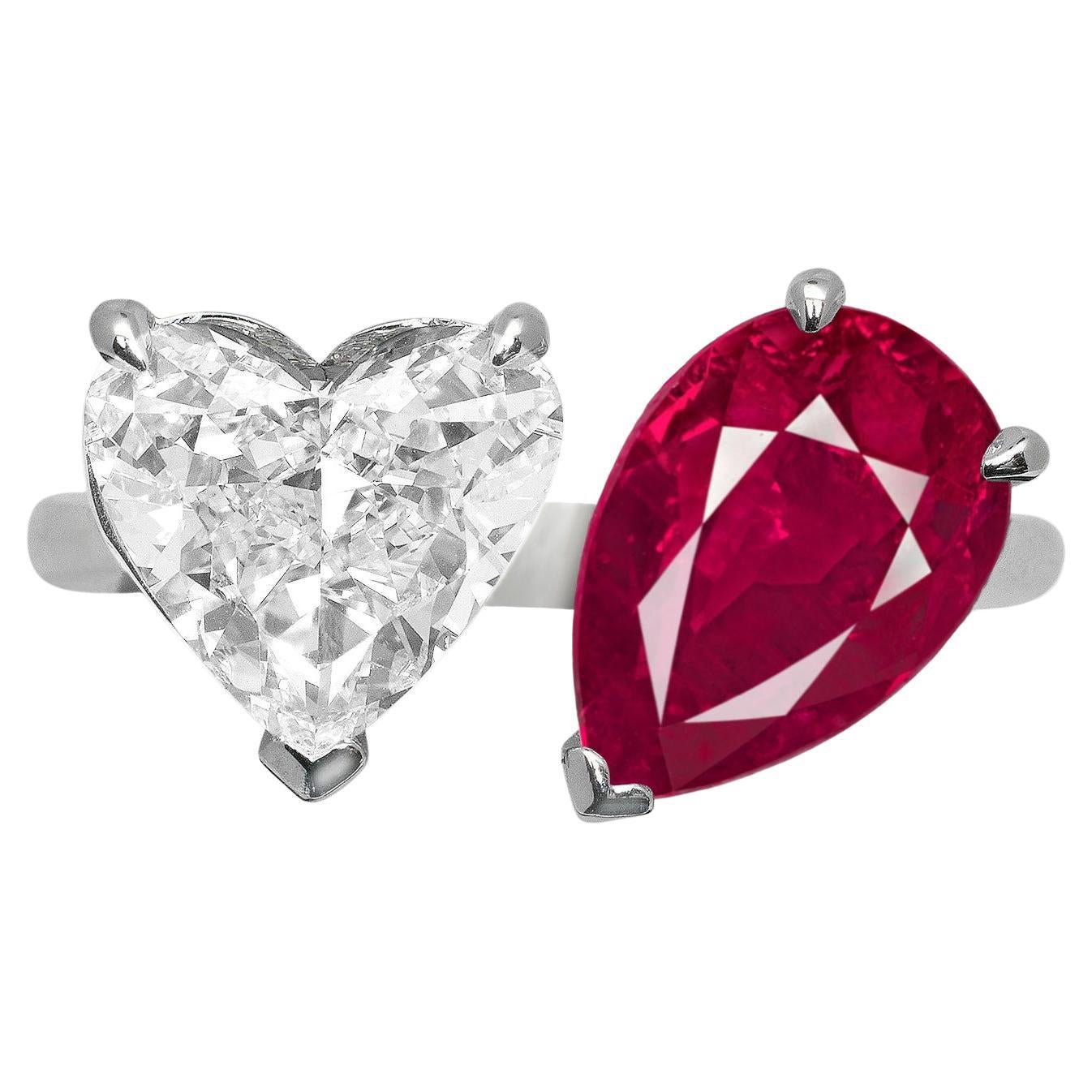 IGI Antwerp Bypass Heart Shape Flawless Diamond and Ruby Ring For Sale