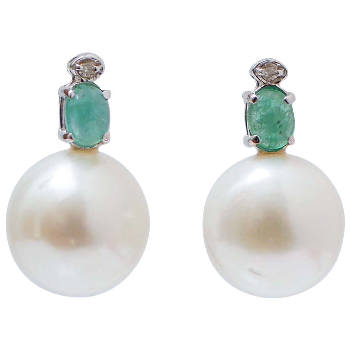 White Pearls, Emeralds, Diamonds, 14 Karat White Gold Earrings.