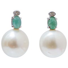 White Pearls, Emeralds, Diamonds, 14 Karat White Gold Earrings.