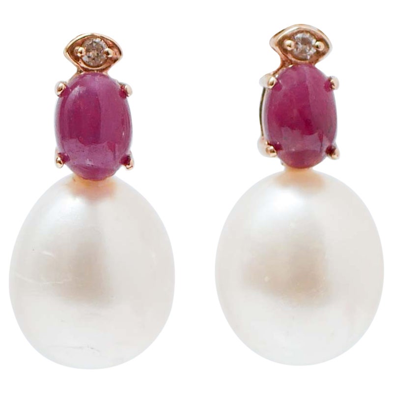 White Pearls, Rubies, Diamonds, 14 Karat Rose Gold Earrings.