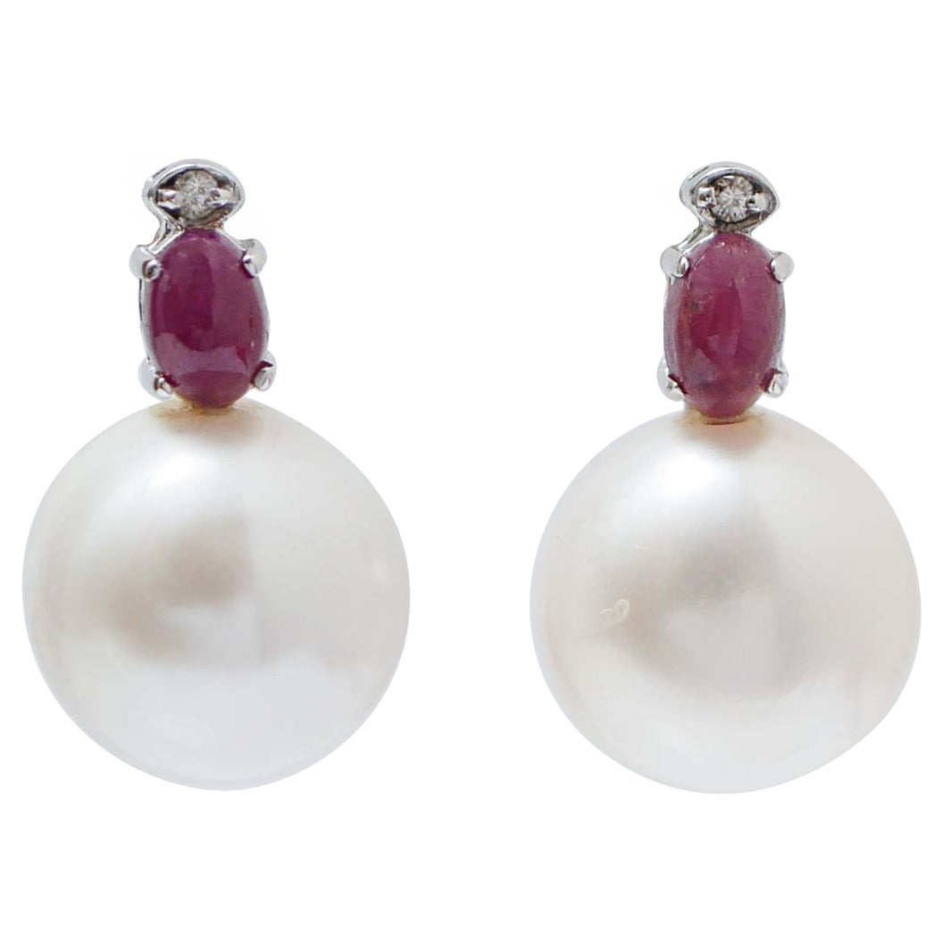 White Pearls, Rubies, Diamonds, 14 Karat White Gold Earrings.