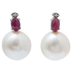 White Pearls, Rubies, Diamonds, 14 Karat White Gold Earrings.