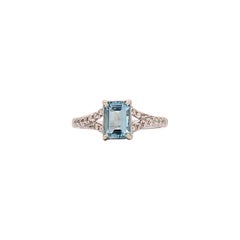 Aqua Blue Aquamarine Ring w Diamond Accents in 14k White Gold Emerald Cut 8x6m