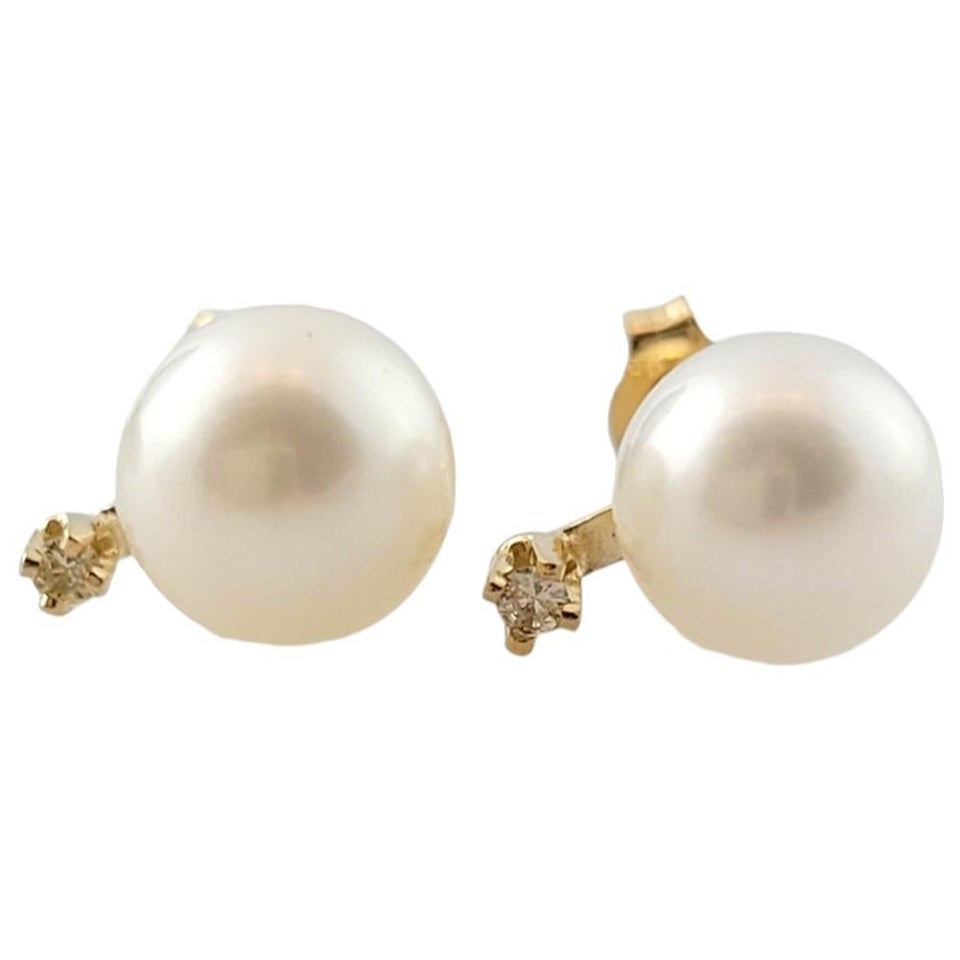 14K Yellow Gold Pearl & Diamond Earrings #16464 For Sale
