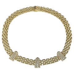 Retro 14k Yellow Gold Woven Panther Link & Diamond Station Necklace 