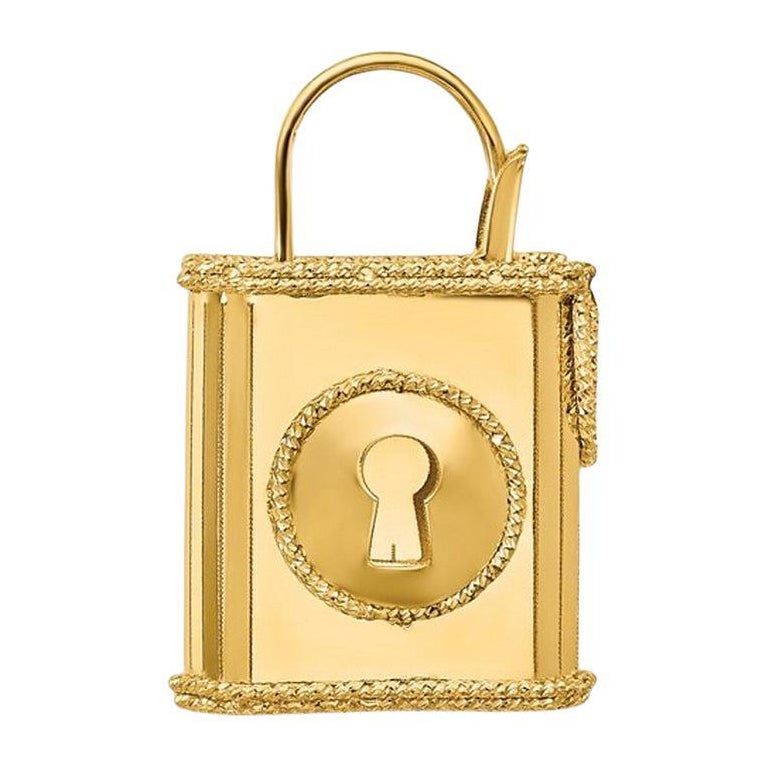 Curata 14k Yellow Gold Italian Textured 3-Dimensional Lock Pendant For Sale