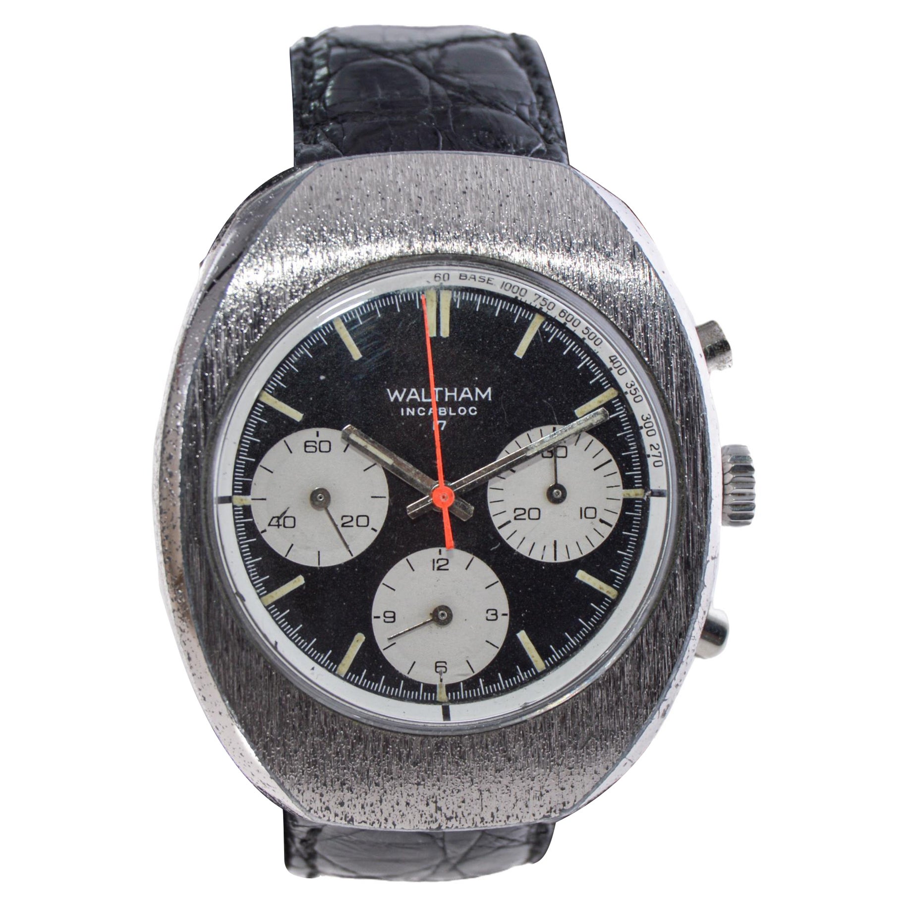 Waltham Chromium Tonneau Shaped Three Register Chronograph Manual Watch For Sale