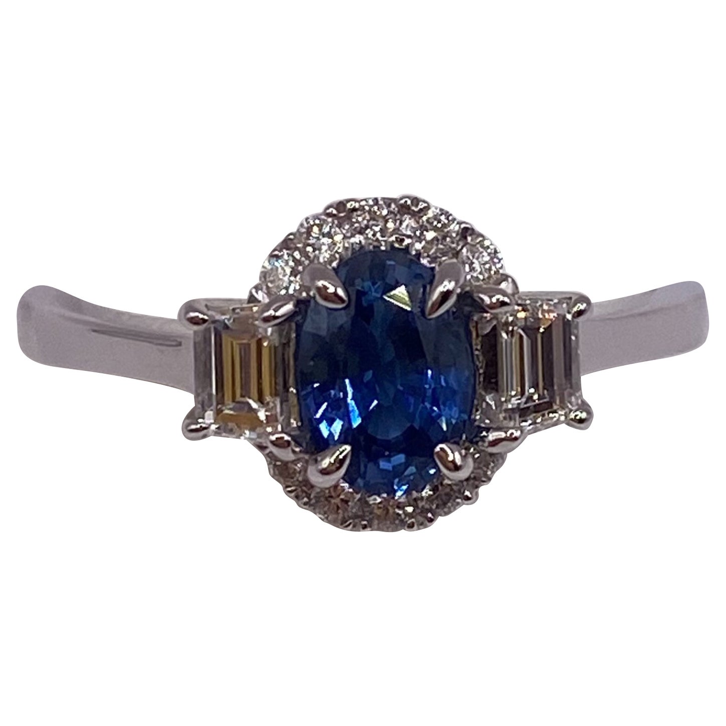 1.07ctw Oval Sapphire & Trapezoid Diamond Ring in 18KT White Gold For Sale