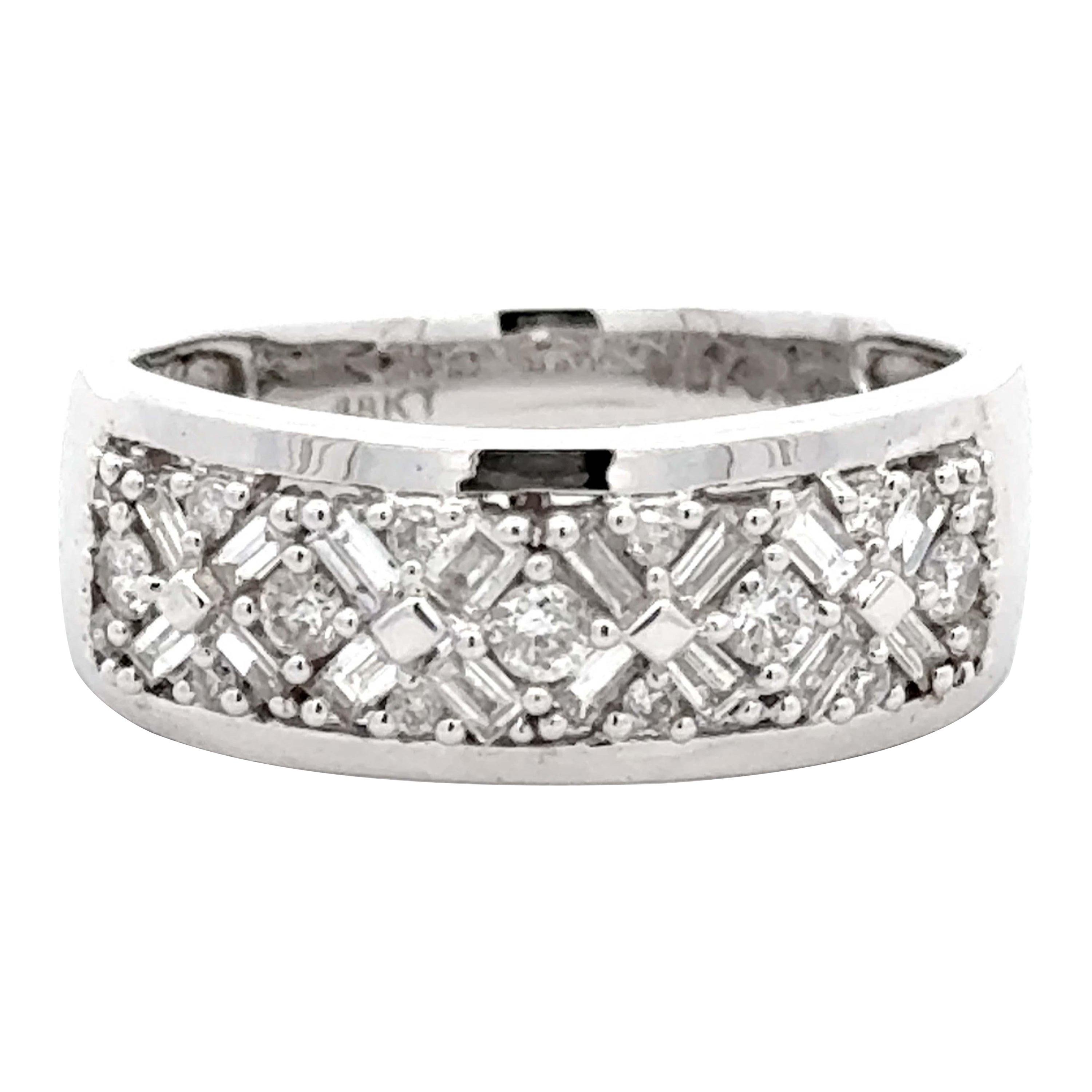 XOXO Baguette and Brilliant Diamond Band Ring 18k White Gold For Sale