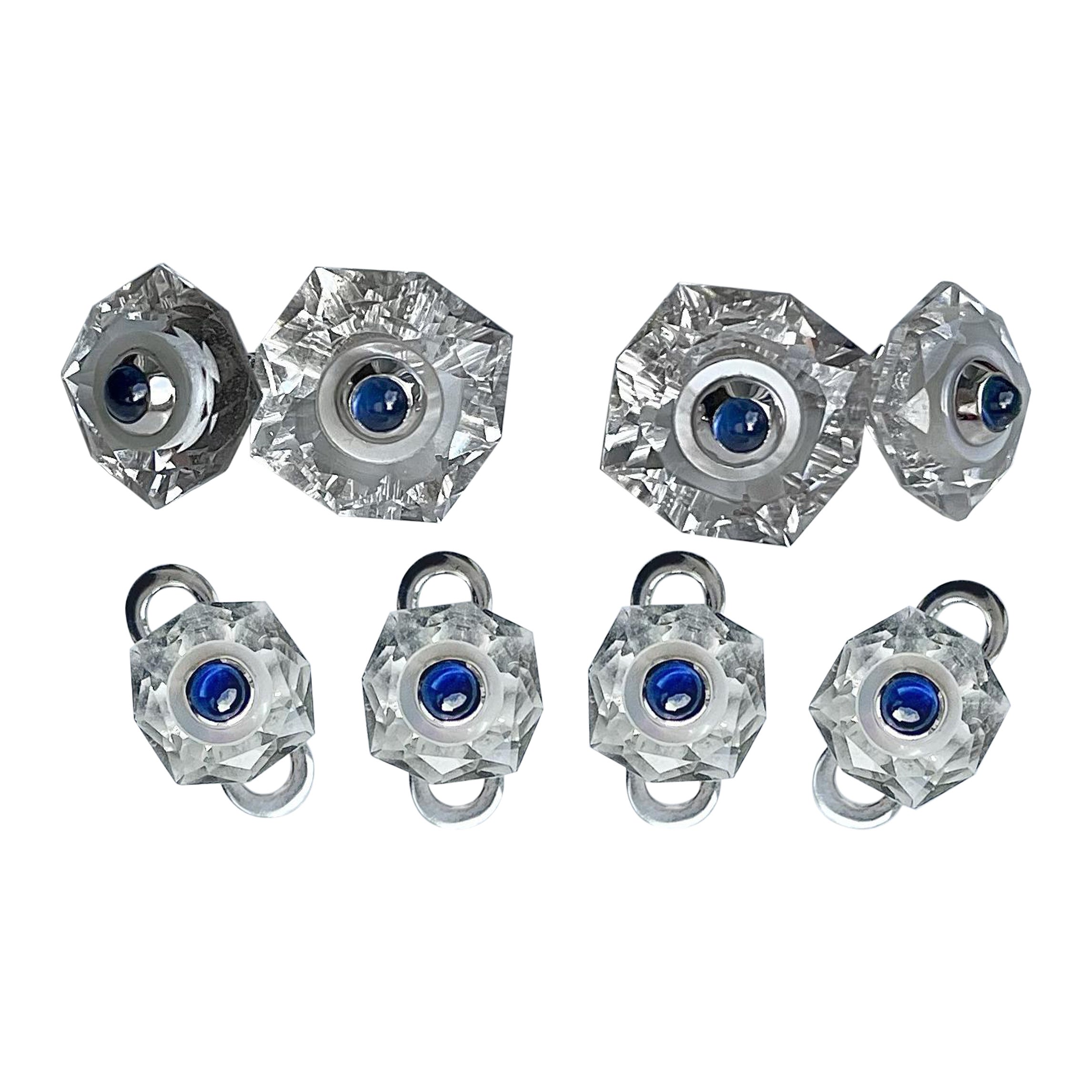 18 Karat White Gold Sapphires Rock Crystal Mother of Pearl Cufflinks Buttons Set For Sale