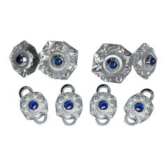 18 Karat White Gold Sapphires Rock Crystal Mother of Pearl Cufflinks Buttons Set