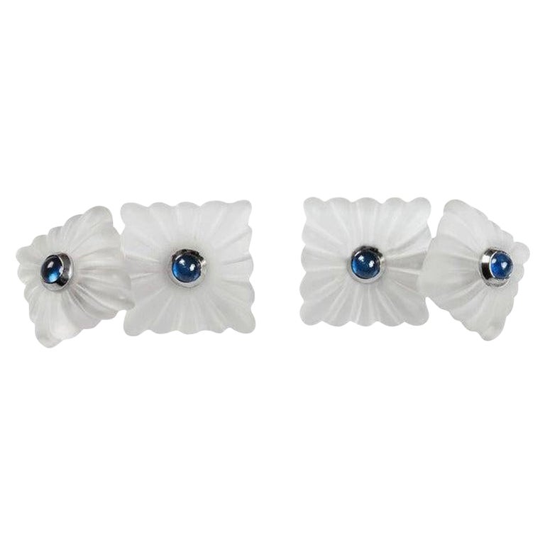 18 Karat White Gold Sapphires Carved Frosted Rock Crystal Cufflinks