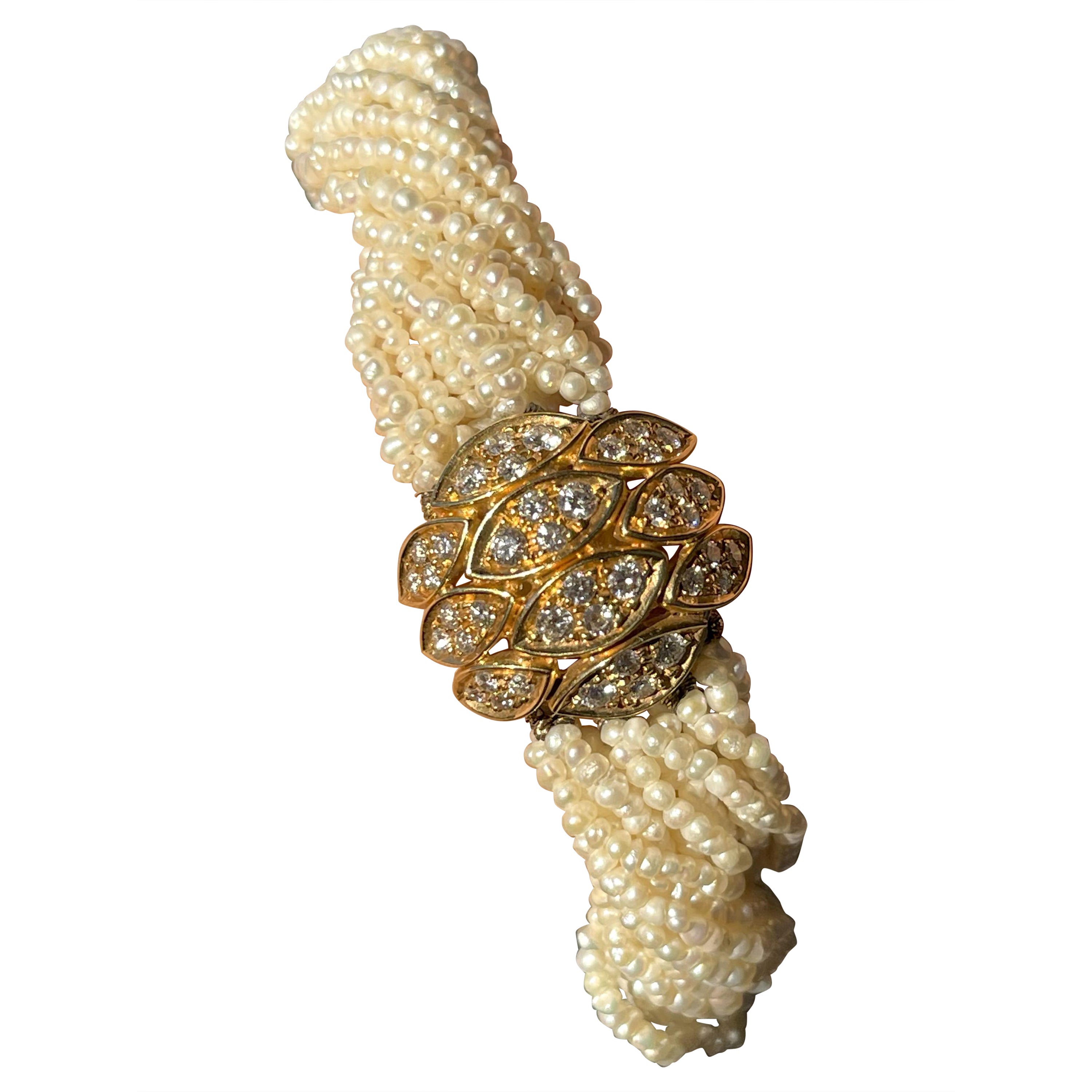18 Karat Yellow Gold White Diamonds Multi Strand Pearls Vintage Bracelet For Sale