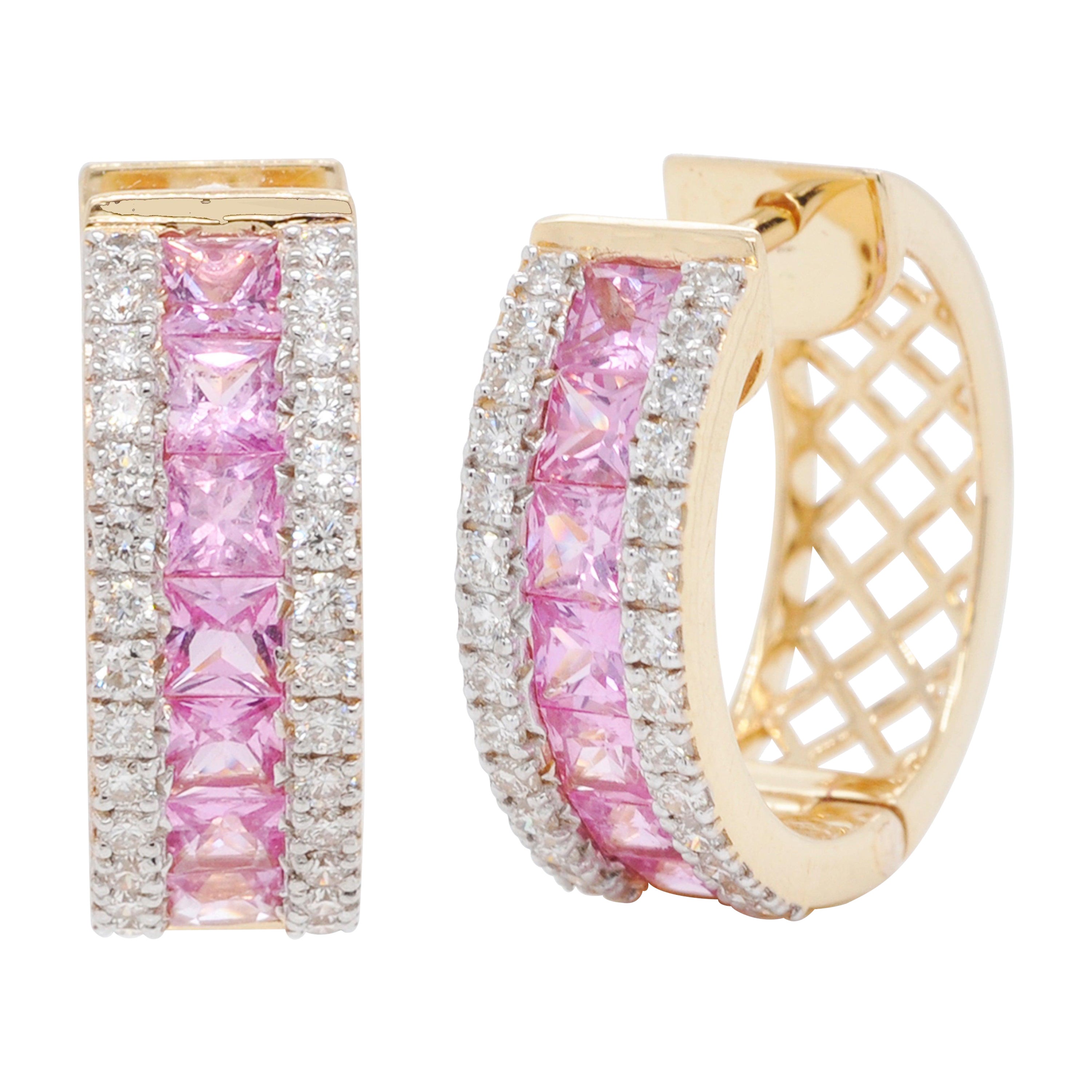 18K Gold Channel Set Princess Cut Pink Sapphire Diamond Huggies Hoops Earrings For Sale