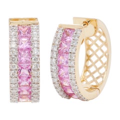 18K Gold Channel Set Princess Cut Pink Sapphire Diamond Huggies Hoops Earrings