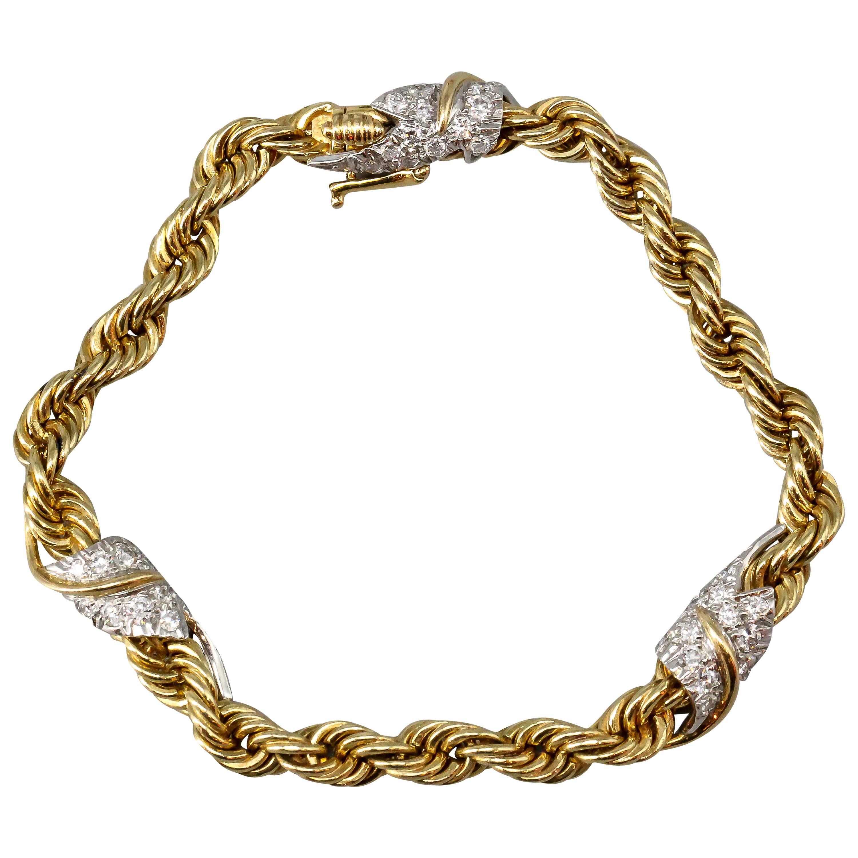 TIFFANY & CO. SCHLUMBERGER Diamond and Gold Rope Leaf Bracelet