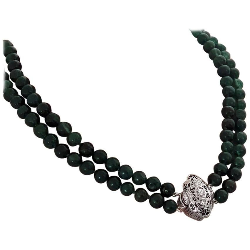 Double Strand Emerald Beads Necklace and Diamond Clasp