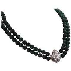 Antique Double Strand Emerald Beads Necklace and Diamond Clasp