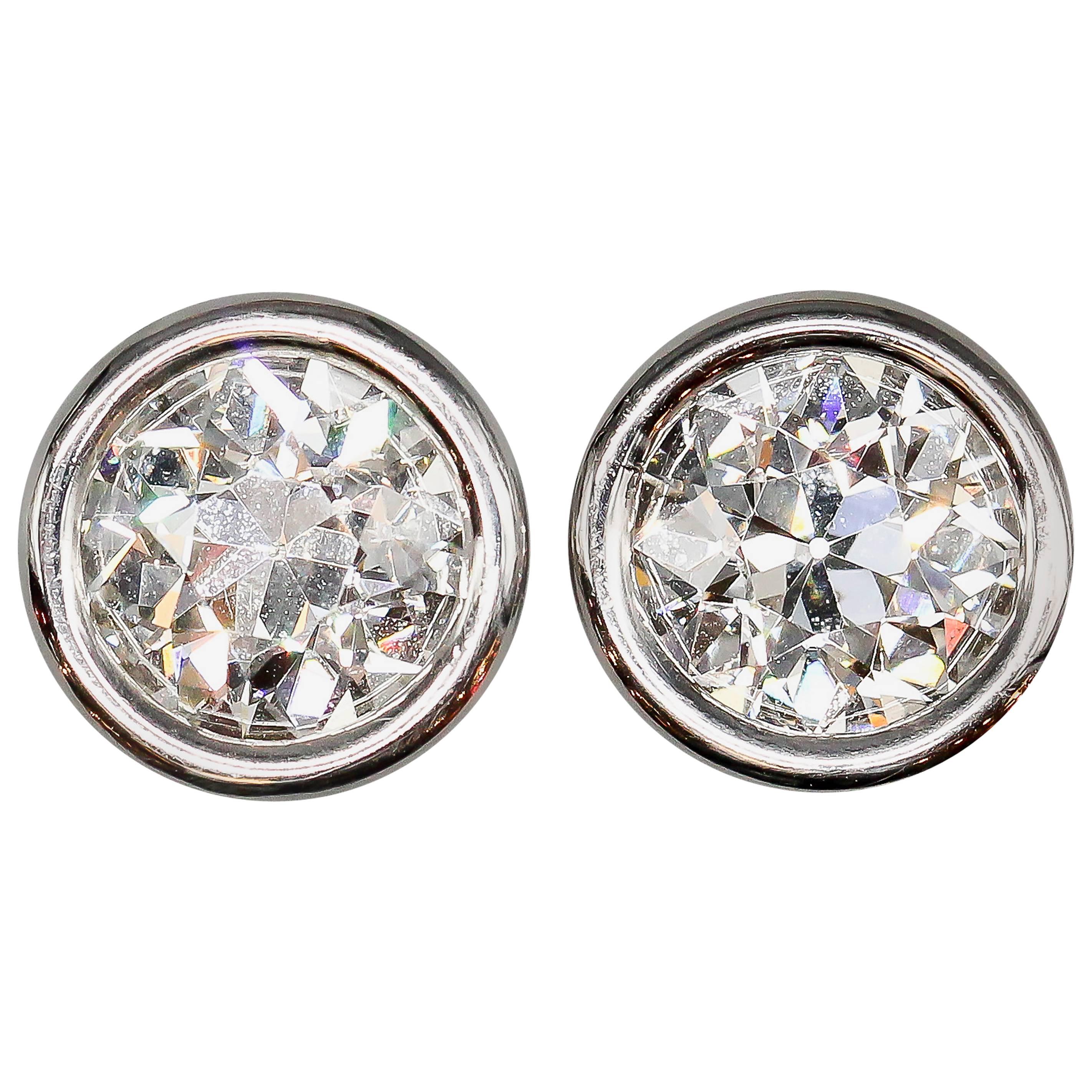 OLD EUROPEAN Cut Diamond  Platinum Stud Earrings