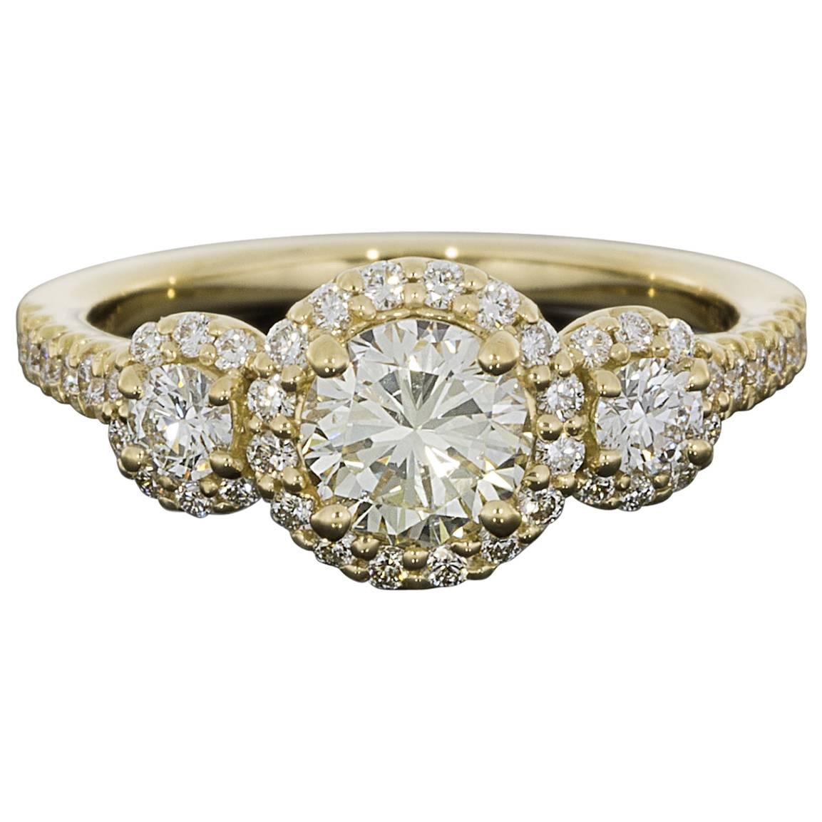 Ritani Gold 1.49 Carat Round Diamond GIA Certified Three-Stone Halo Ring