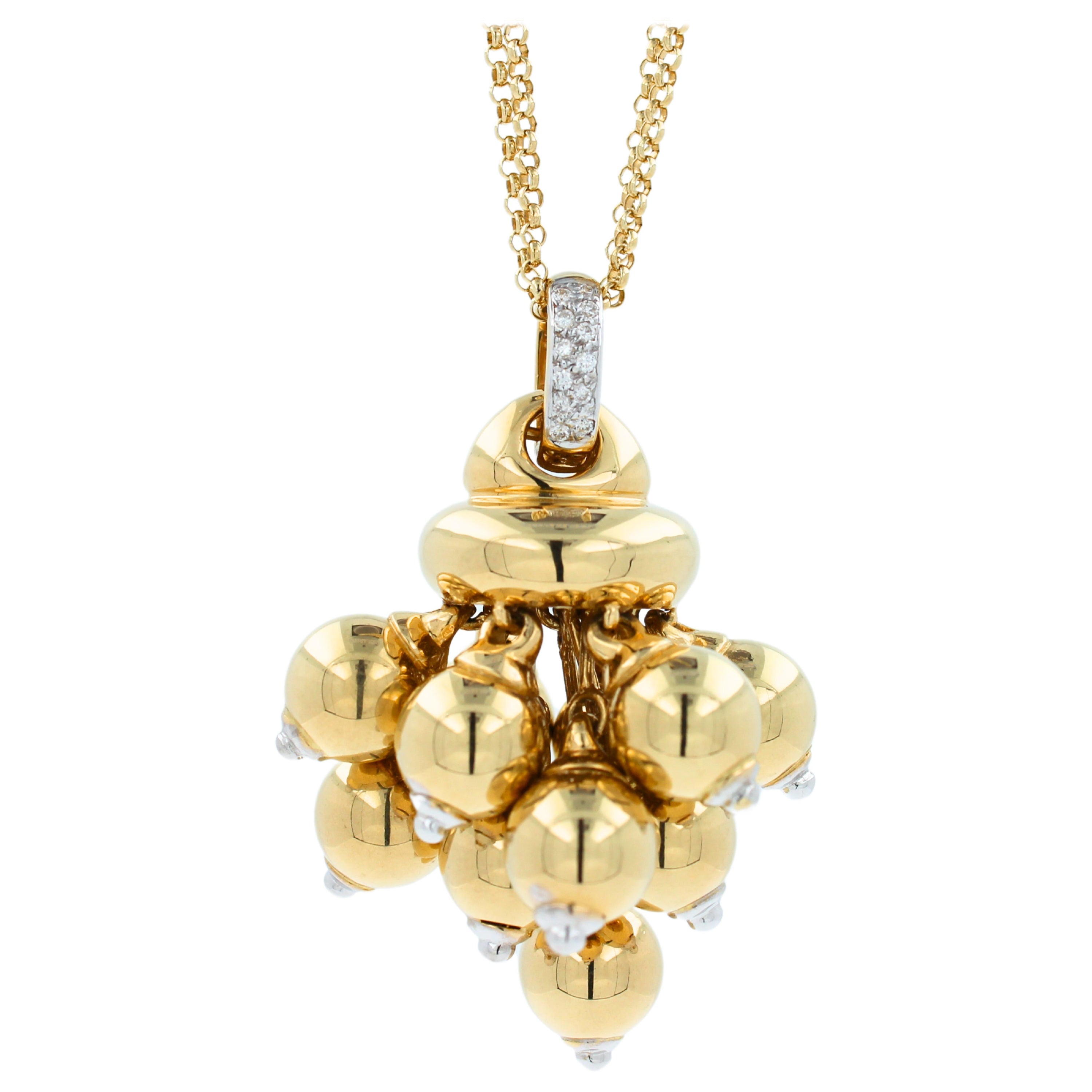 Diamonds Golden Spheres Gold Balls Geometric Bells Motif 18K Gold Necklace