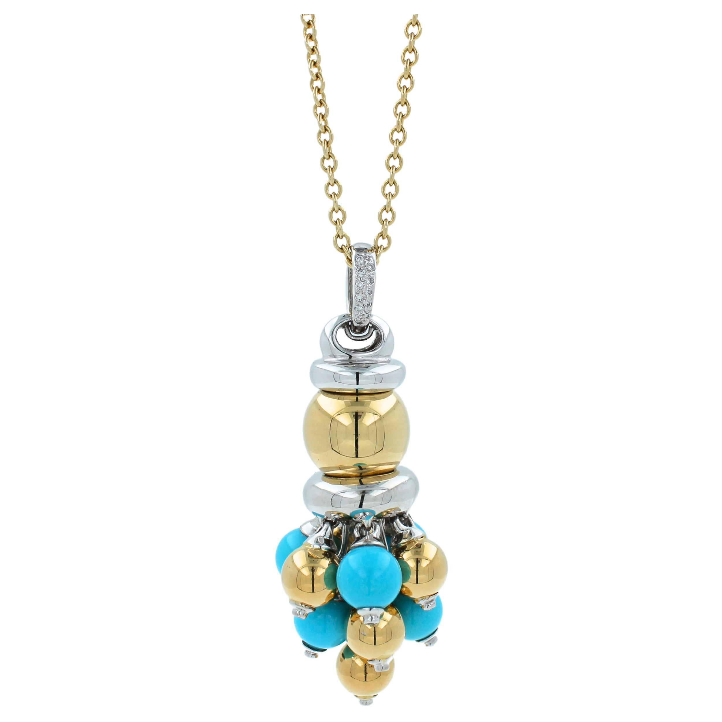 Blue Turquoise Diamonds Golden Sphere Bells Motif Two Tone Gold Pendant Necklace For Sale