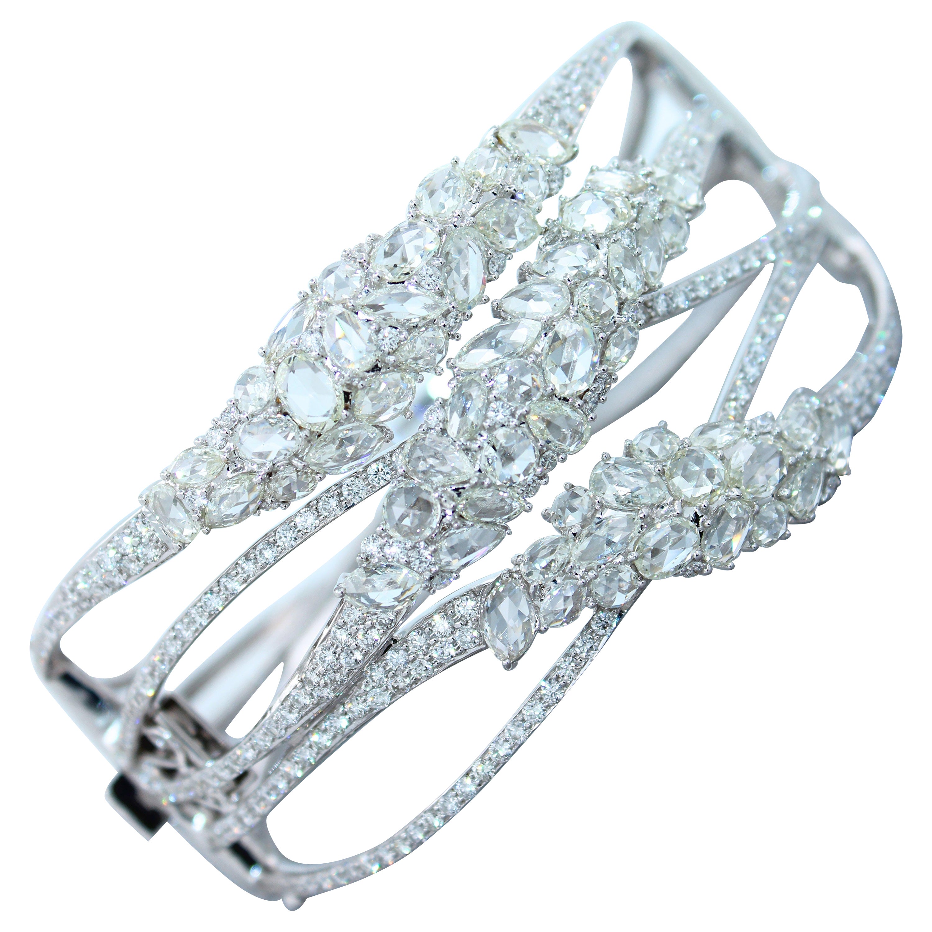 Fancy Shape Rose Cut Diamond Unique Statement Lux 18K White Gold Bangle Bracelet For Sale