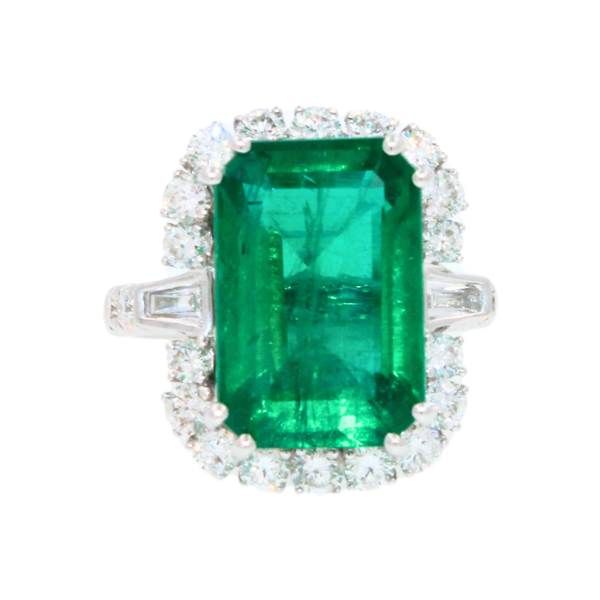 Green Emerald Octagon Cut Rectangle Diamond Halo Baguette 18K White Gold Ring For Sale