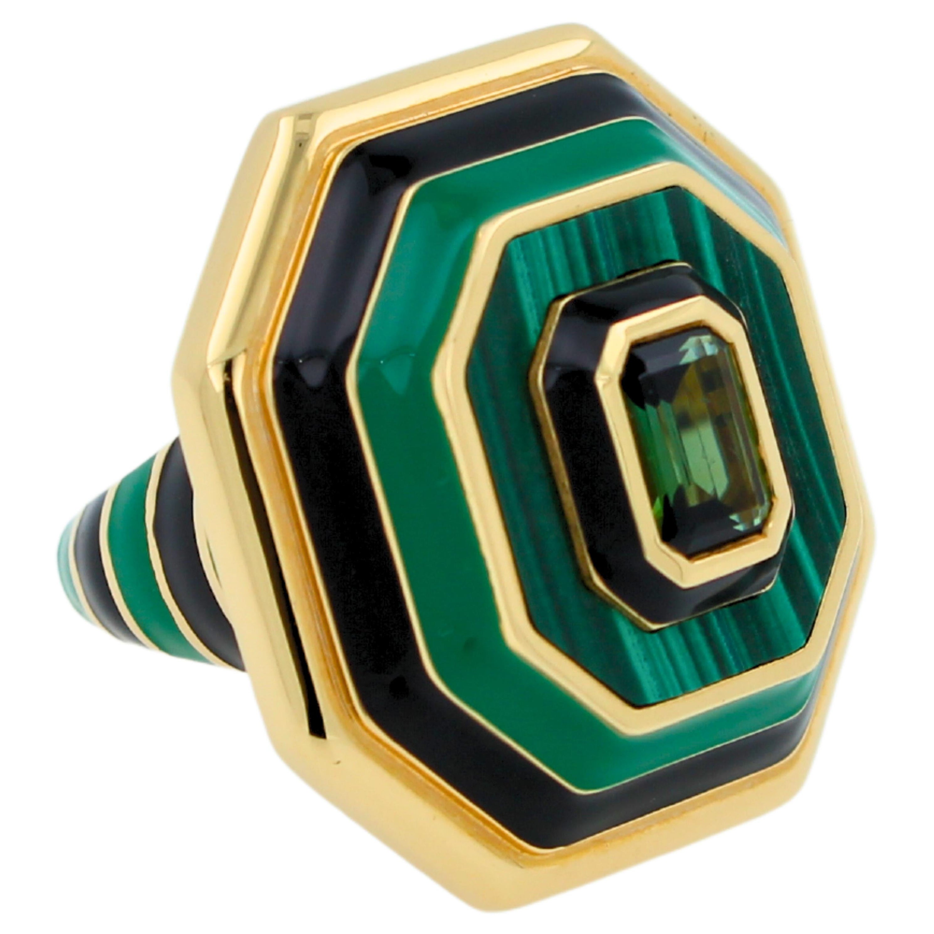 Green Tourmaline Malachite Green Black Enamel 18K Yellow Gold Enamel Unique Ring