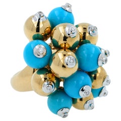 Blue Turquoise Diamonds Golden Spheres Balls Christmas Bells Motif 18K Gold Ring