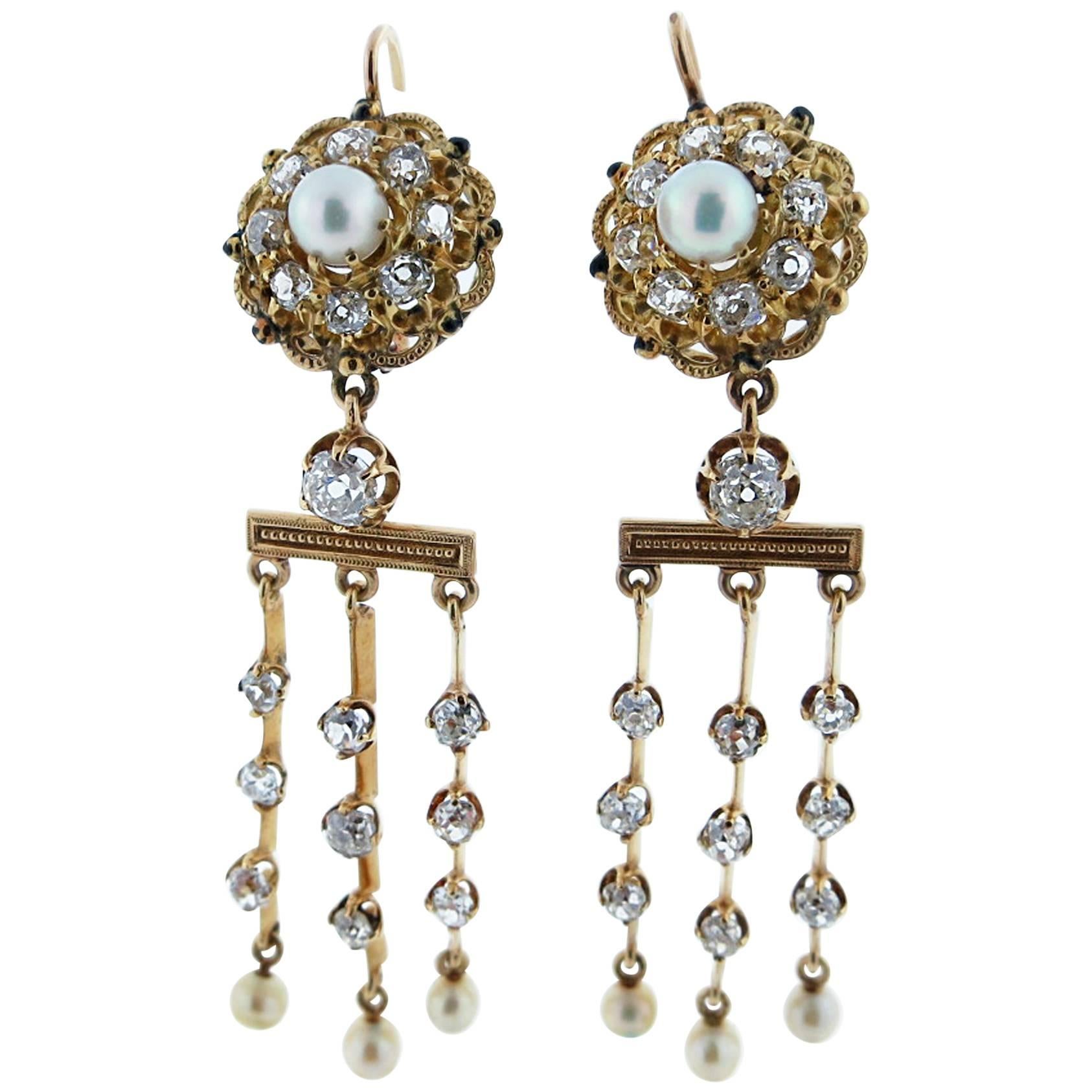 Antique Victorian Diamond and Pearl Chandelier Earrings For Sale