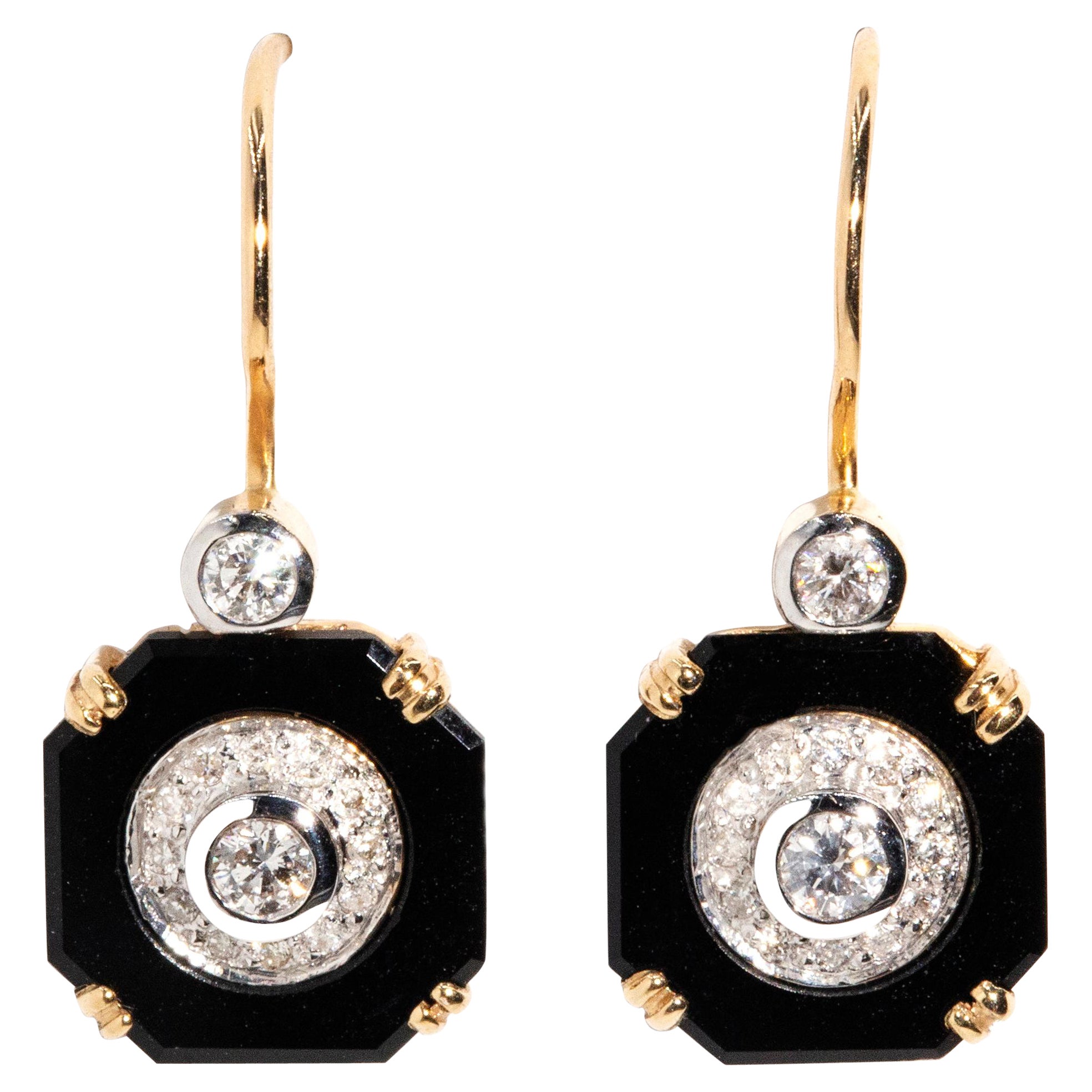 Vintage Inspired Black Onyx & Brilliant Diamond Hook Style Earrings 9 Carat Gold