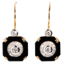 Boucles d'oreilles d'inspiration vintage en Onyx noir et diamant brillant, or 9 carats, style crochet