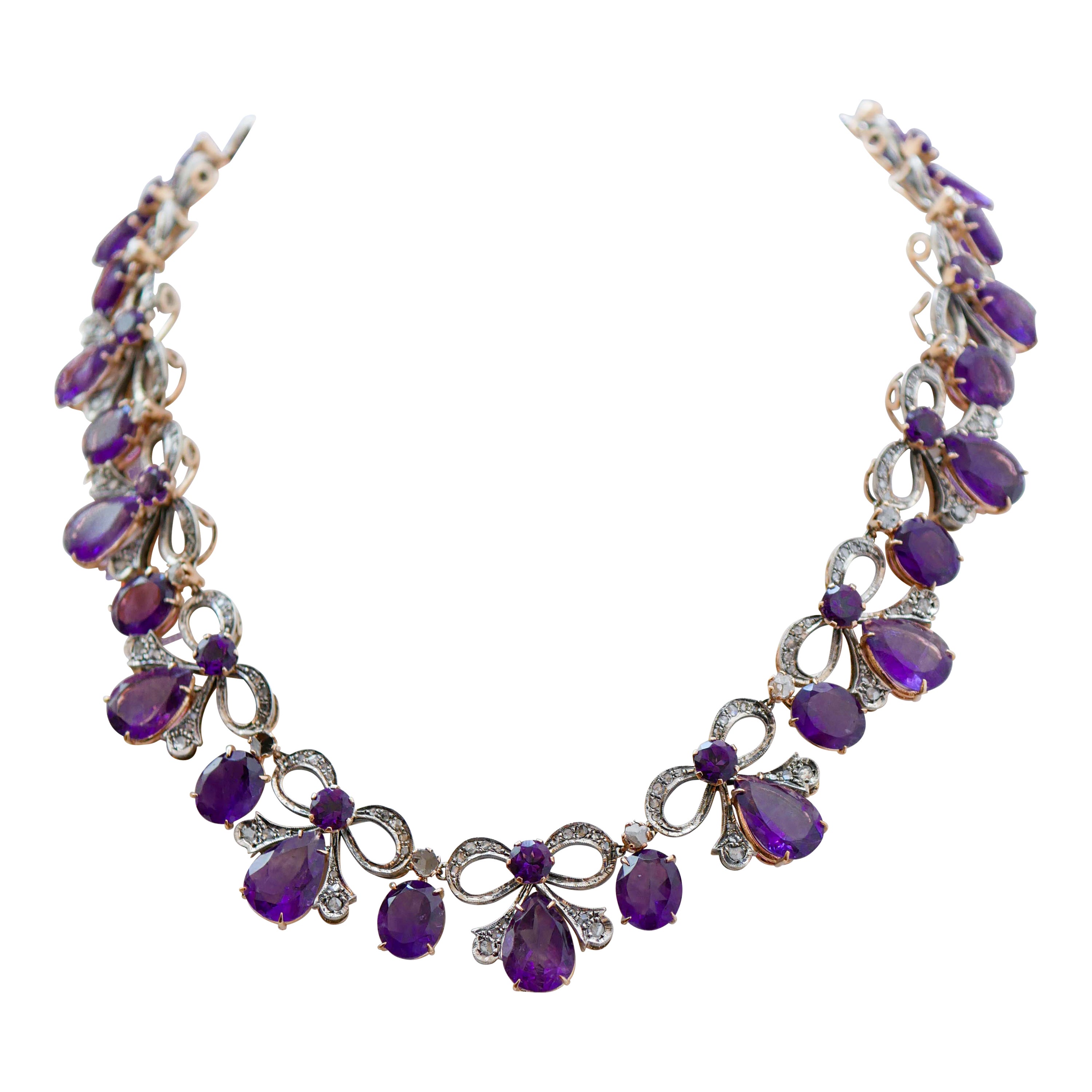 Amethysts, Diamonds, Rose Gold and Silver Retrò Necklace. For Sale