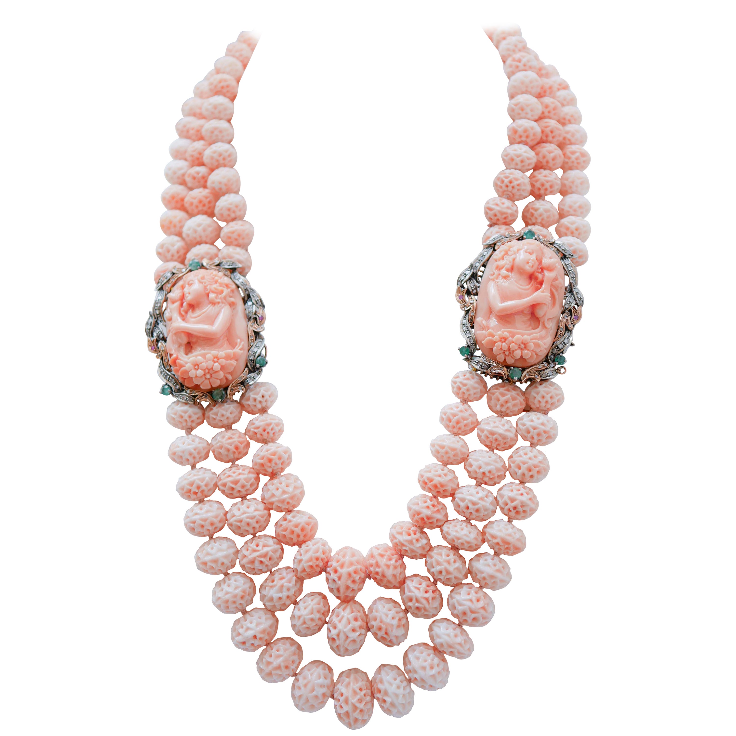 Coral, Emeralds, Rubies, Diamonds, Rose Gold and Silver Necklace.