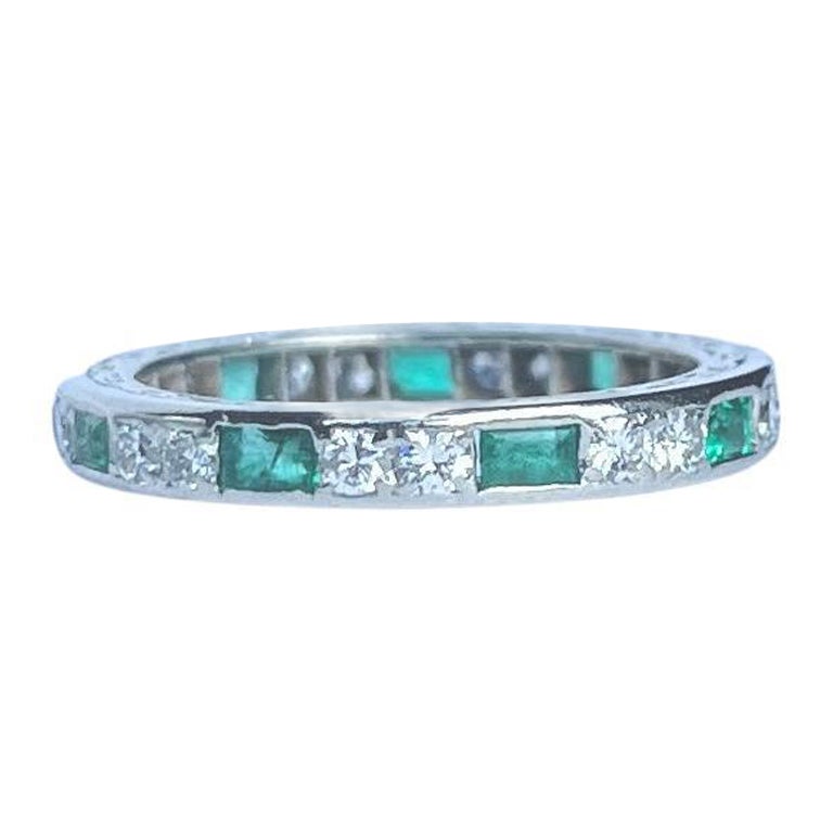 Vintage Emerald and Diamond Platinum Full Eternity Band For Sale