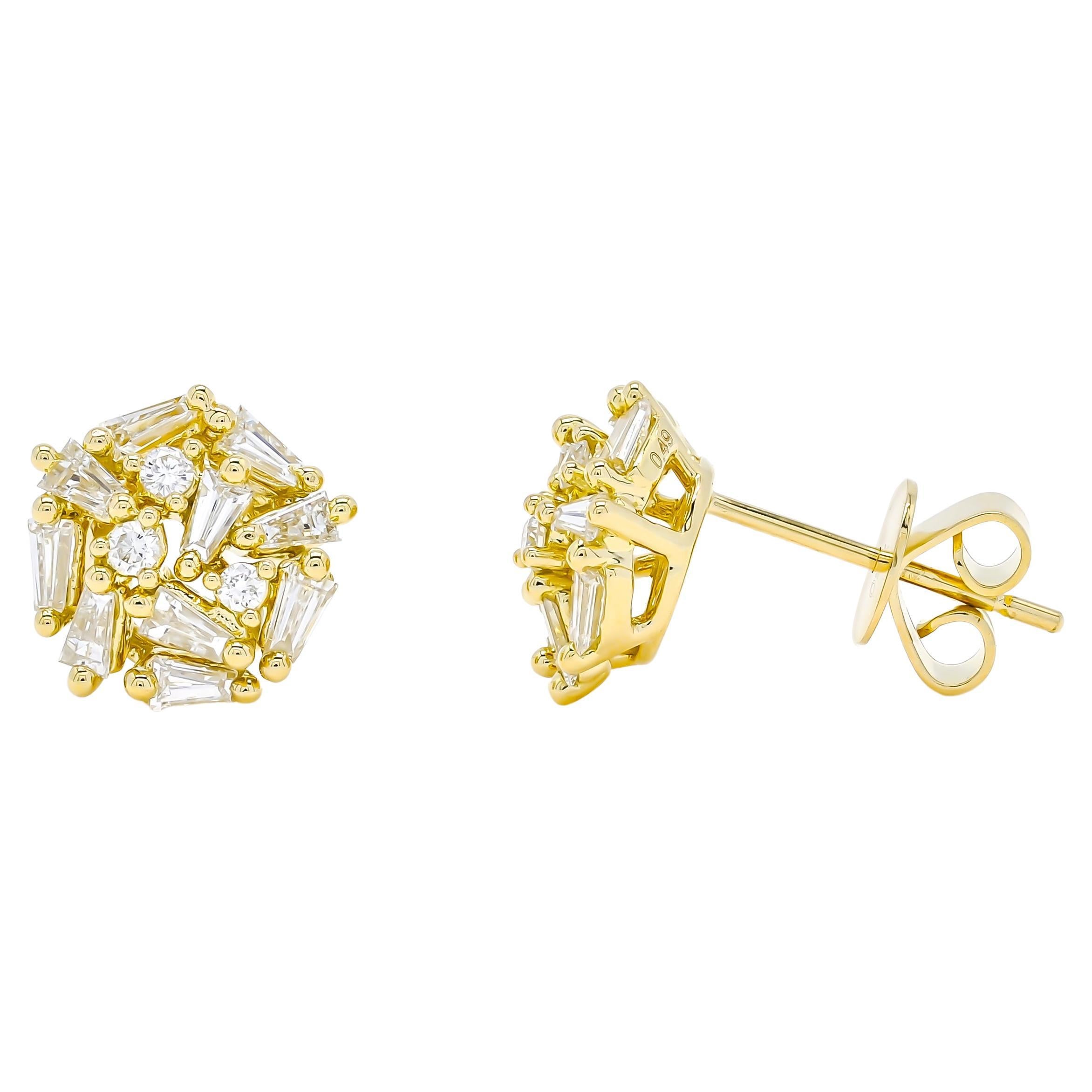  Natural Diamond Earrings 0.96 cts 18 Karat Yellow Gold Cluster Stud Earrings For Sale