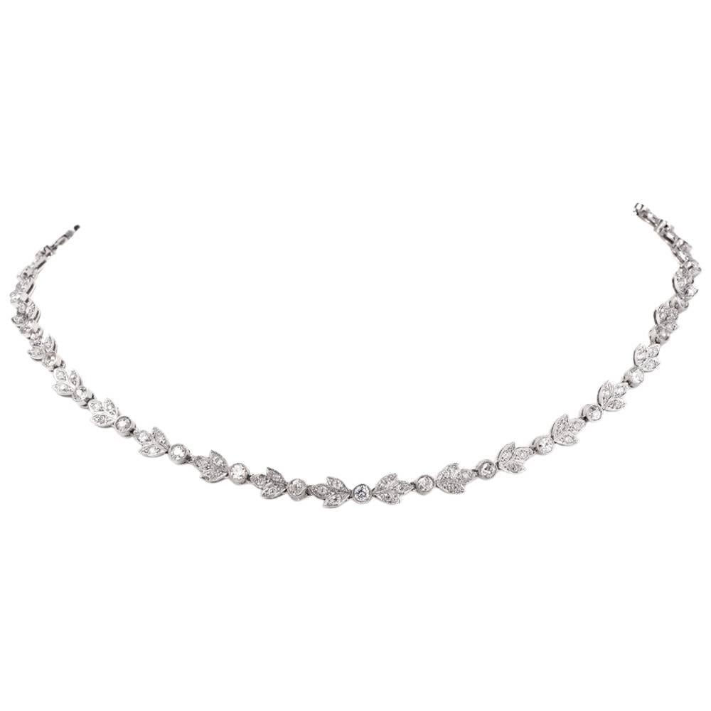 Antique 8.16 Diamond Platinum Leaf Motif Choker Necklace