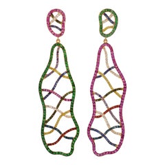 Rosior Diamond, Sapphire and Tsavorite Long Dangle Earrings set in Yellow Gold
