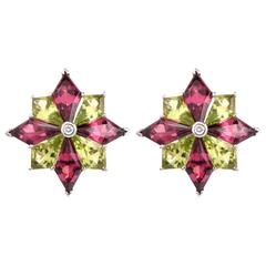 Estate Noble Cut Peridot Tourmaline Diamond 18K Star Earrings