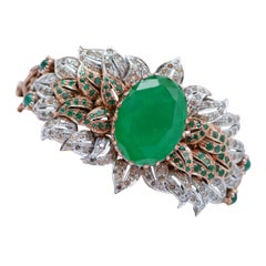 Retro Stone, Green Agate, Emeralds, Diamonds, Rose Gold and Silver Bracelet.