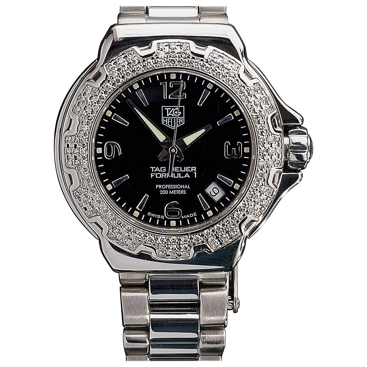 TAG Heuer Montre pour femme Formula 1 professionnelle 200M en acier inoxydable avec lunette en diamant