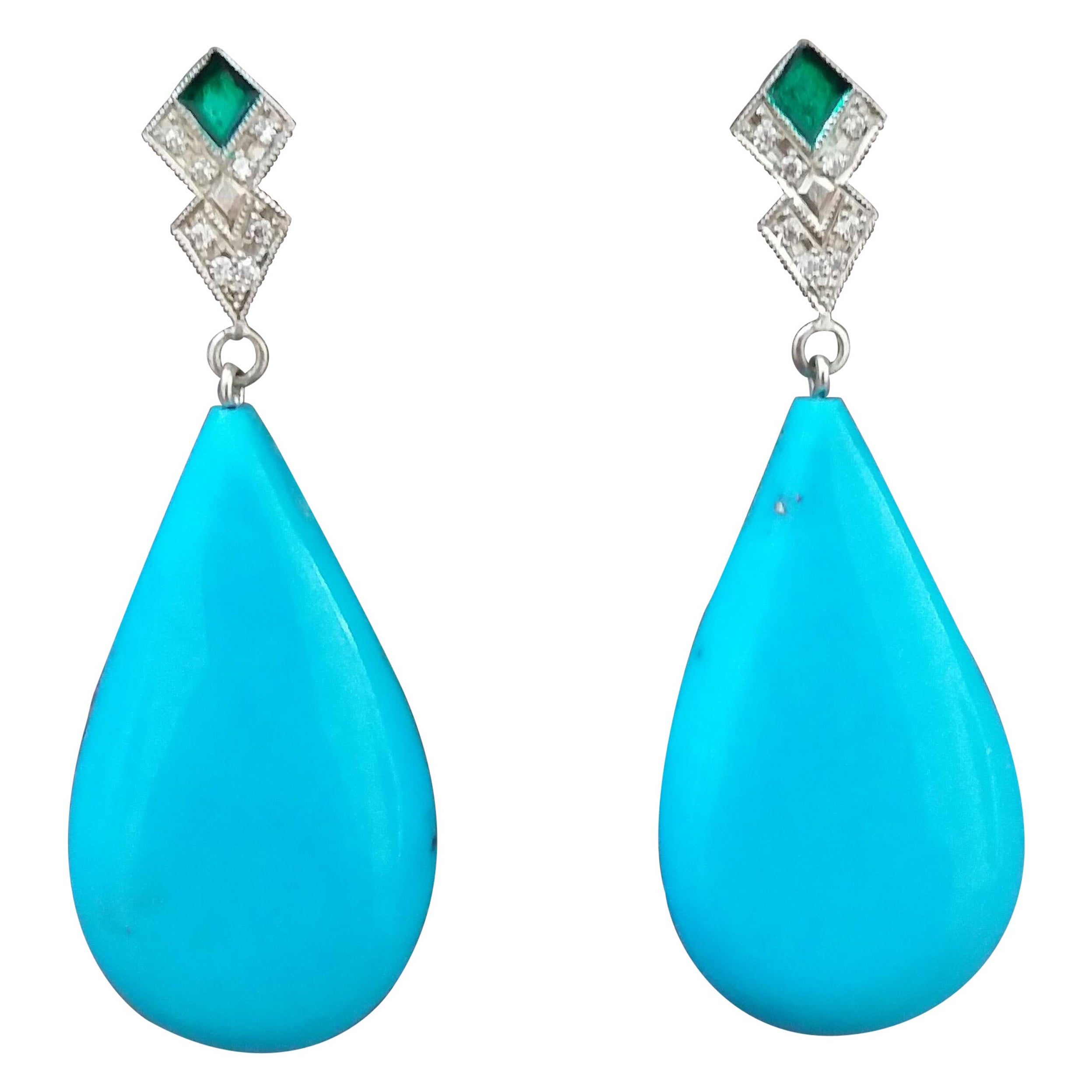 Art Deco Style Diamond Gold Green Enamel Natural Turquoise Plain Drop Earrings For Sale